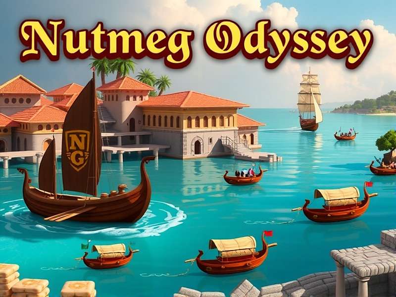 Nutmeg Odyssey game banner featuring ancient Indian trading ports and spice caravans