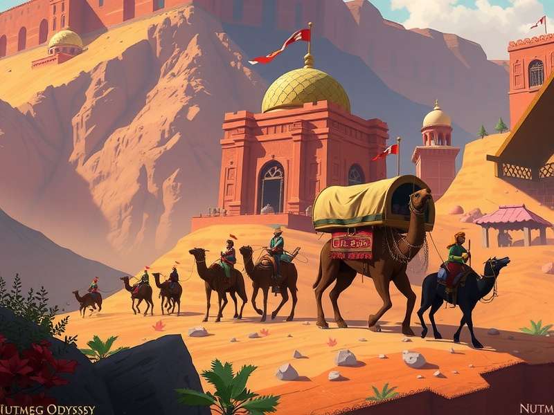 Concept art for Nutmeg Odyssey's upcoming Silk Road expansion showing merchant caravans in Central Asia